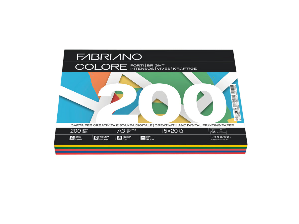 Carta A4 Fabriano Colore 200GR. 100FF. Tinte Forti 5 Colori Assortiti