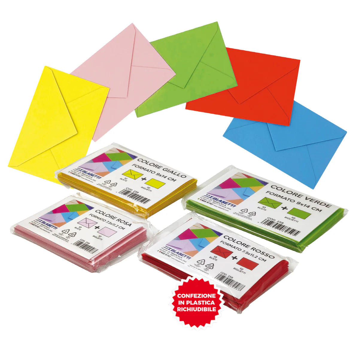 Espositore Blasetti da banco con buste e biglietti colorati.