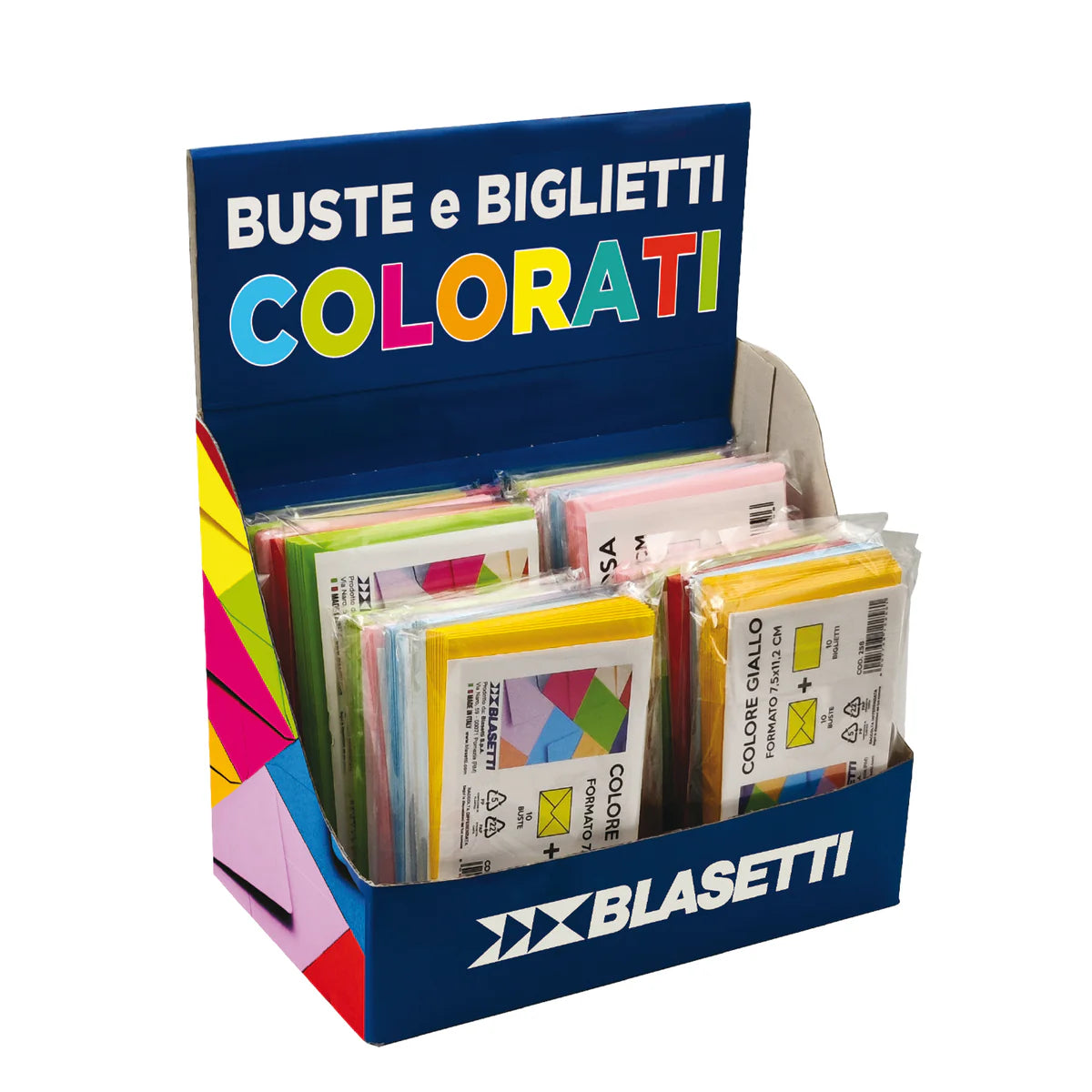 Espositore Blasetti da banco con buste e biglietti colorati.
