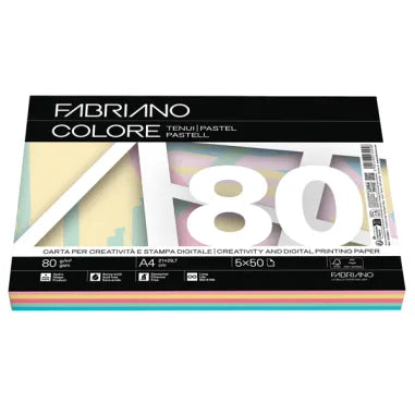 Carta A4 Fabriano Colore 80GR. 250FF. Tinte Tenui 5 Colori Assortiti