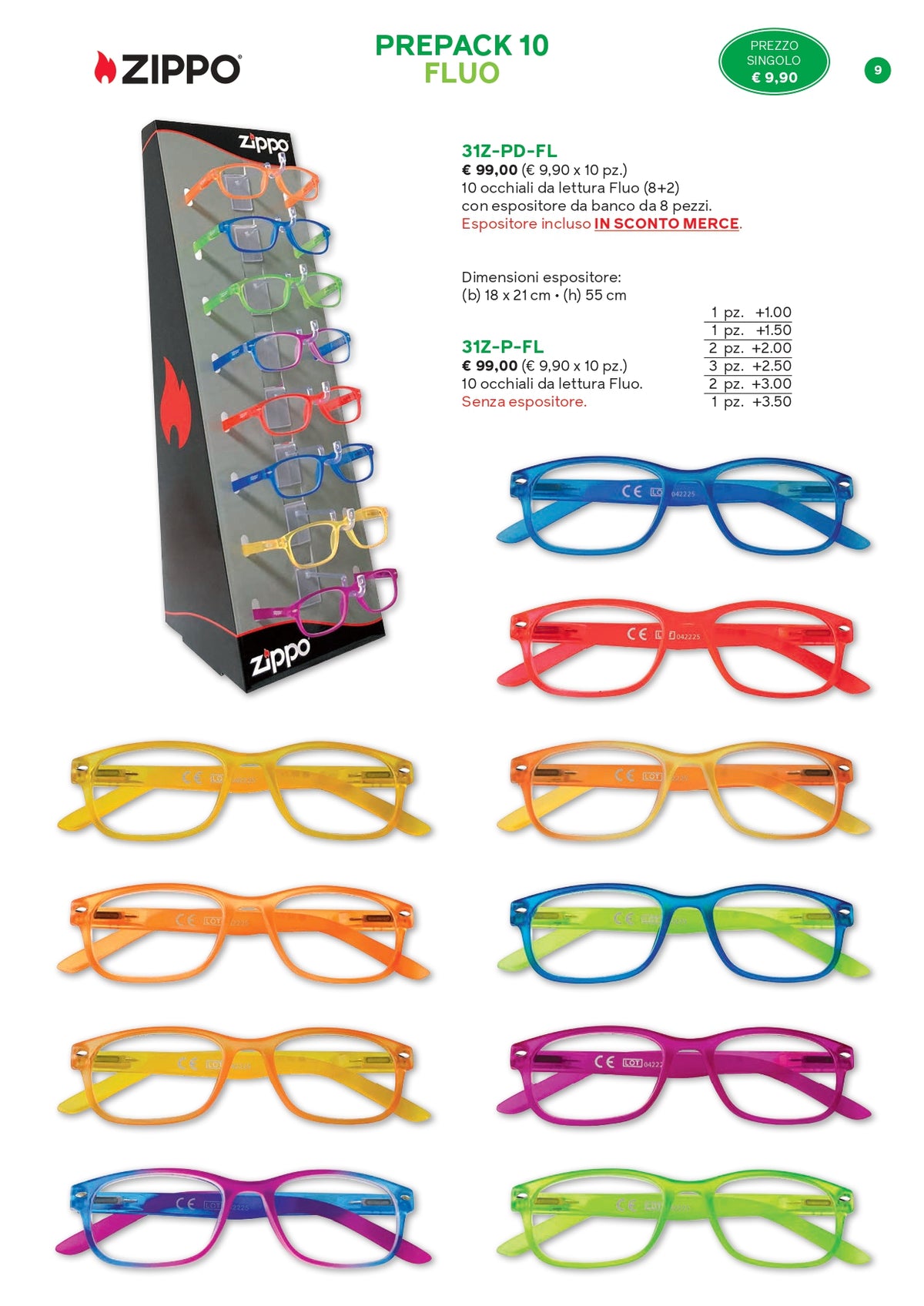 Espositore da 10 Occhiali da Lettura Zippo Fluo