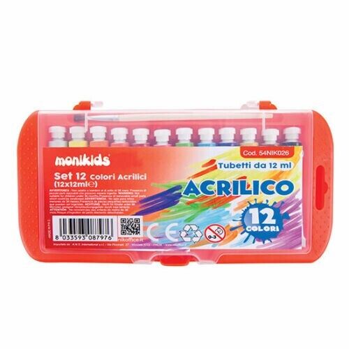 Tempera Acrilica Monikids 12 Colori Tubetto da 12 ml.