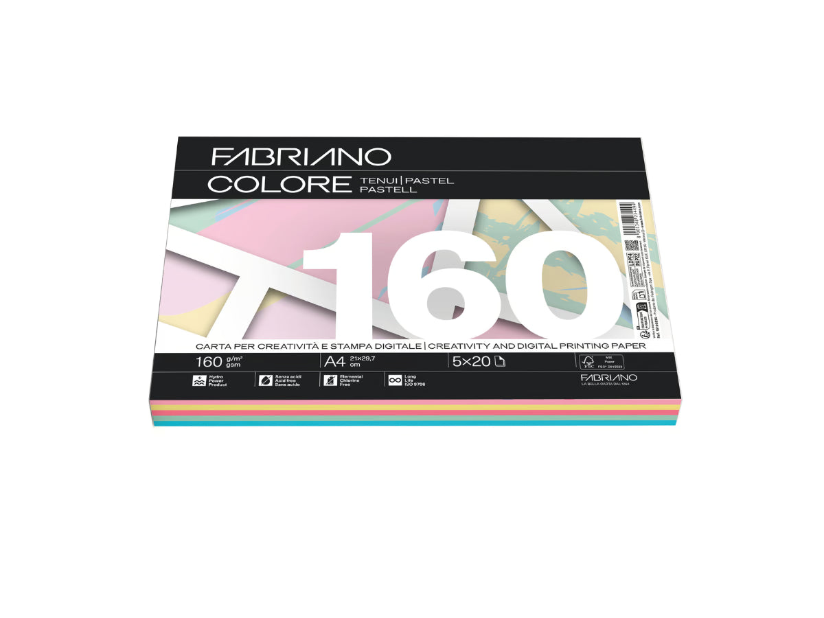 Carta A4 Fabriano Colore  160GR. 100FF. Tinte Tenui 5 Colori Assortiti