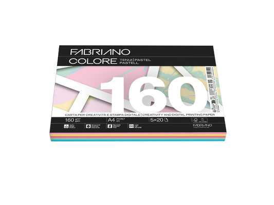 Carta A4 Fabriano Colore  160GR. 100FF. Tinte Tenui 5 Colori Assortiti