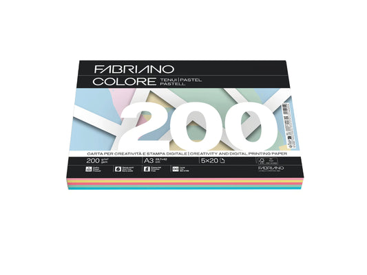 Carta A4 Fabriano Colore 200GR. 100FF. Tinte Tenui 5 Colori Assortiti