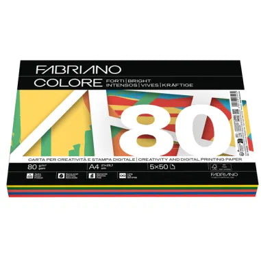 Carta A4 Fabriano Colore 80GR. 250FF. Tinte Forti 5 Colori Assortiti